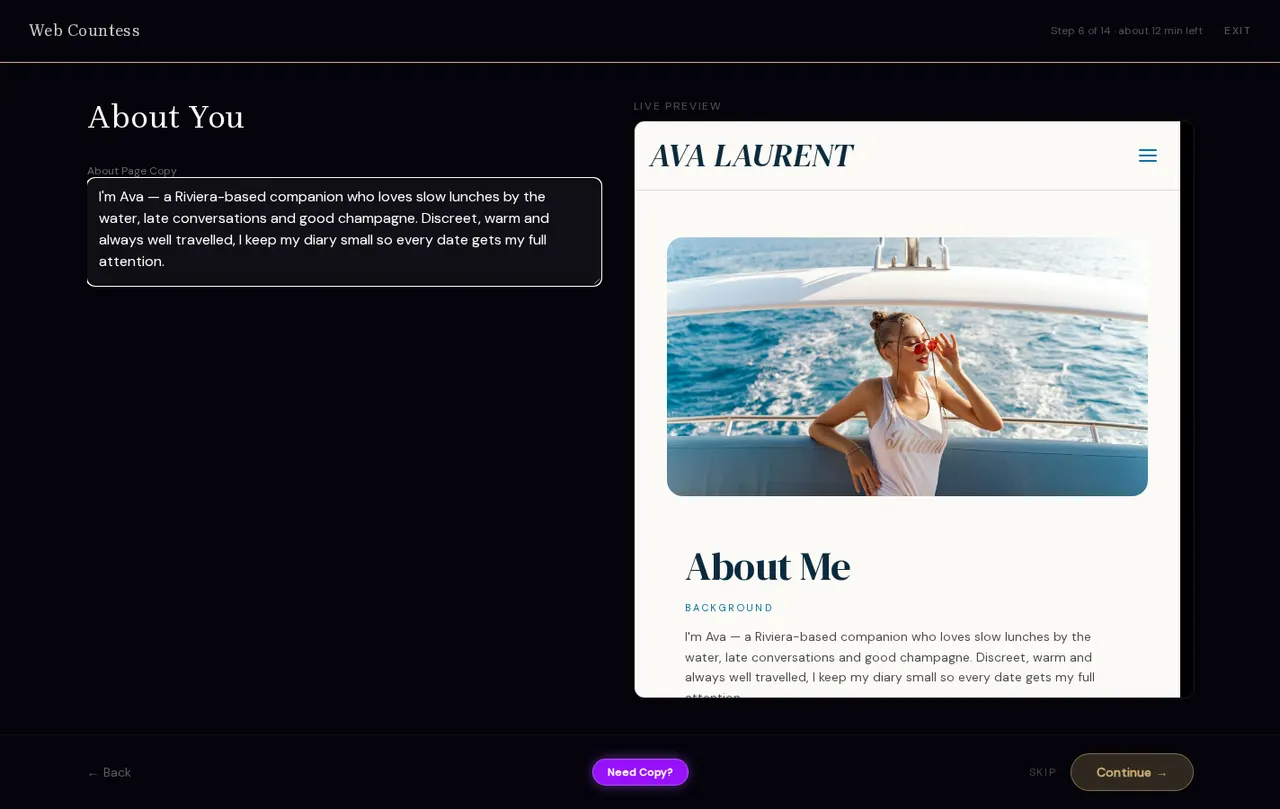 Guided Setup: answering the About You step while the live preview updates beside it